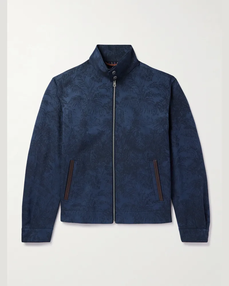 Etro Bomberjacke aus Jacquard aus einer Baumwoll-Wollmischung mit Lederbesatz Blau
