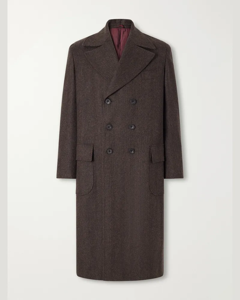 Rubinacci Double-Breasted Herringbone Virgin Wool Twill Coat Brown