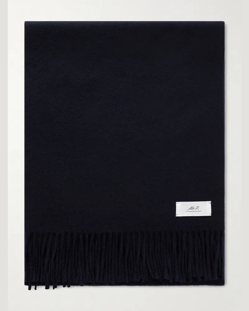 MR P. Logo-Appliquéd Fringed Cashmere Scarf Blue