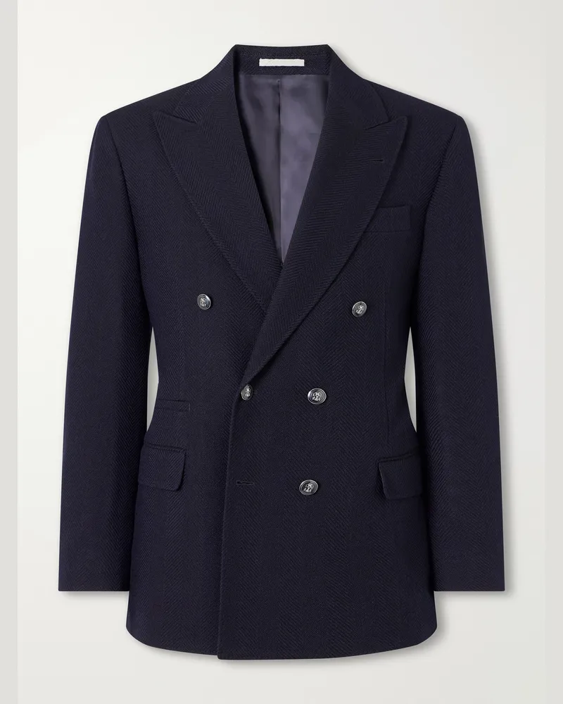Brunello Cucinelli Double-Breasted Wool And Cotton-Blend Herringbone Suit Jacket Blue