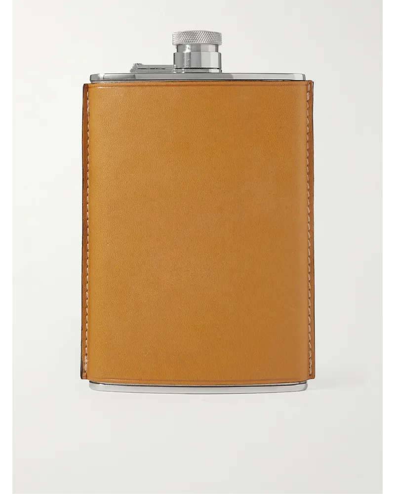 PURDEY 8oz Logo-Debossed Leather and Stainless Steel Flask Braun