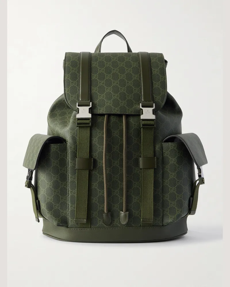 Gucci Leather-Trimmed Monogrammed Supreme Coated-Canvas Backpack Gray