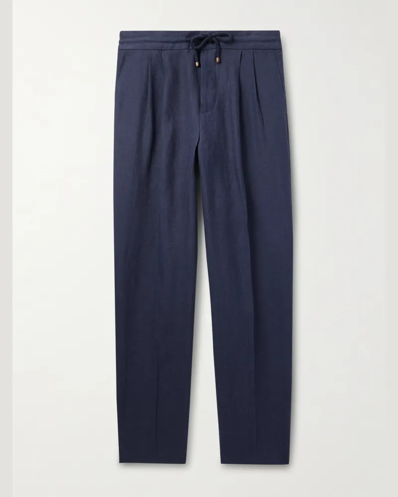Brunello Cucinelli Schmal zulaufende Hose aus Leinen mit Kordelzugbund und Falten Blau