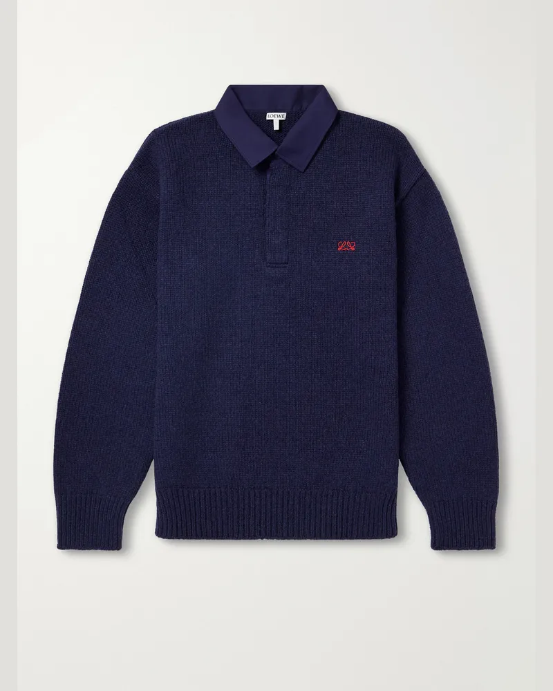 Loewe Logo-Embroidered Cotton Twill-Trimmed Wool-Blend Polo Sweater Blue