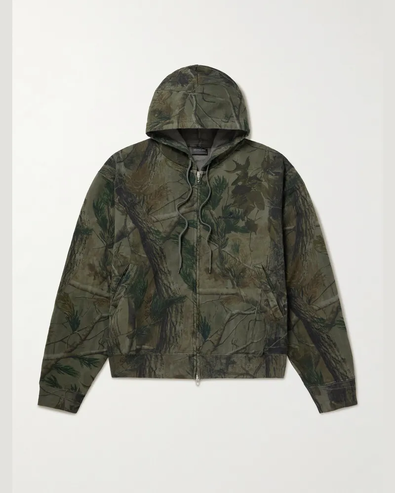 Balenciaga Logo-Embroidered Printed Cotton-Jersey Hoodie Green