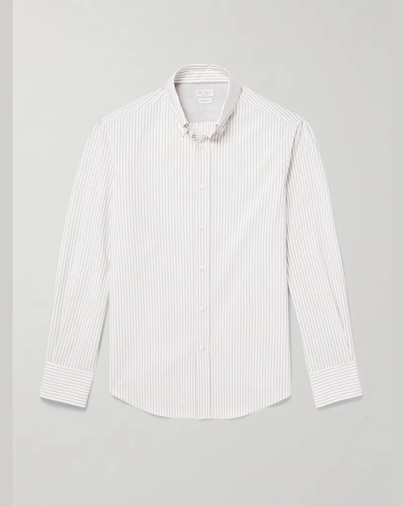 Brunello Cucinelli Gestreiftes Hemd aus Baumwolle mit Button-Down-Kragen Weiß