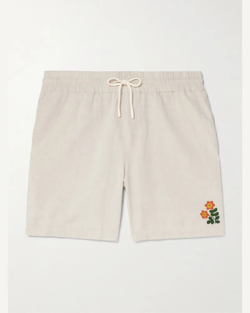 Portuguese Flannel Spring Straight-Leg Embroidered Linen and Cotton-Blend Shorts Neutrals