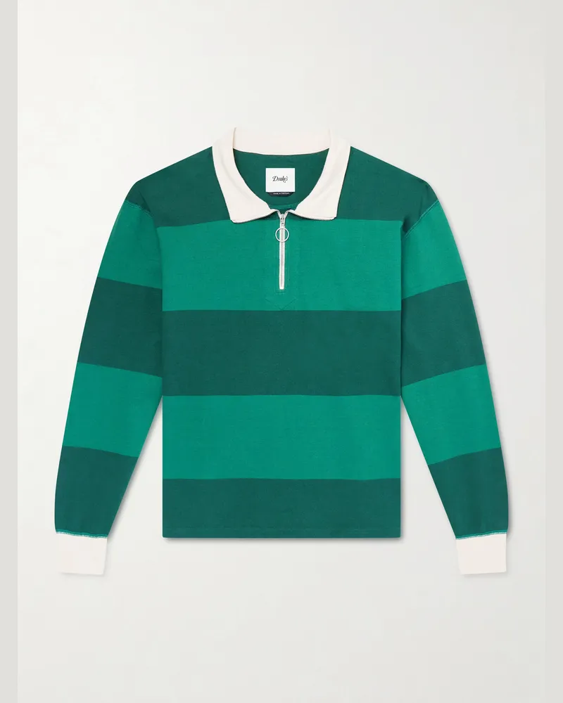 Drake's Striped Cotton-Jersey Half-Zip Polo Shirt Green