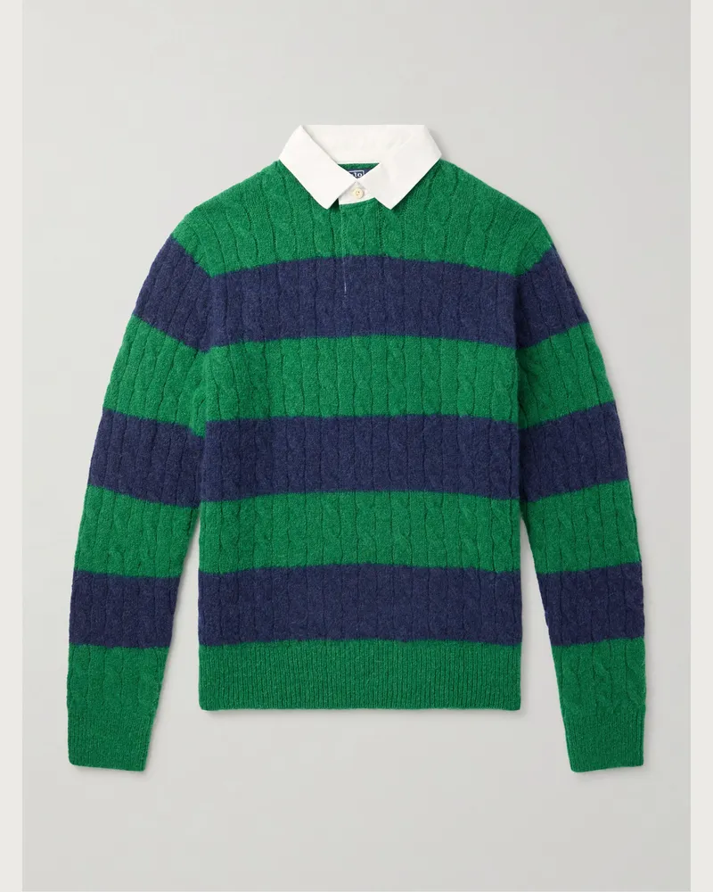 Ralph Lauren Rugby-Pullover aus gestreiftem Zopfstrick mit Besatz aus Popeline Blau