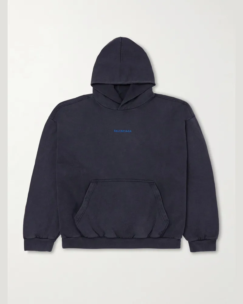 Balenciaga Logo-Embroidered Cotton-Jersey Hoodie Blue