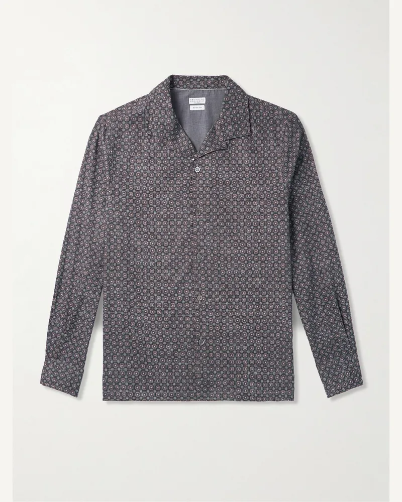 Brunello Cucinelli Hemd aus bedrucktem Baumwoll-Twill mit Reverskragen Braun