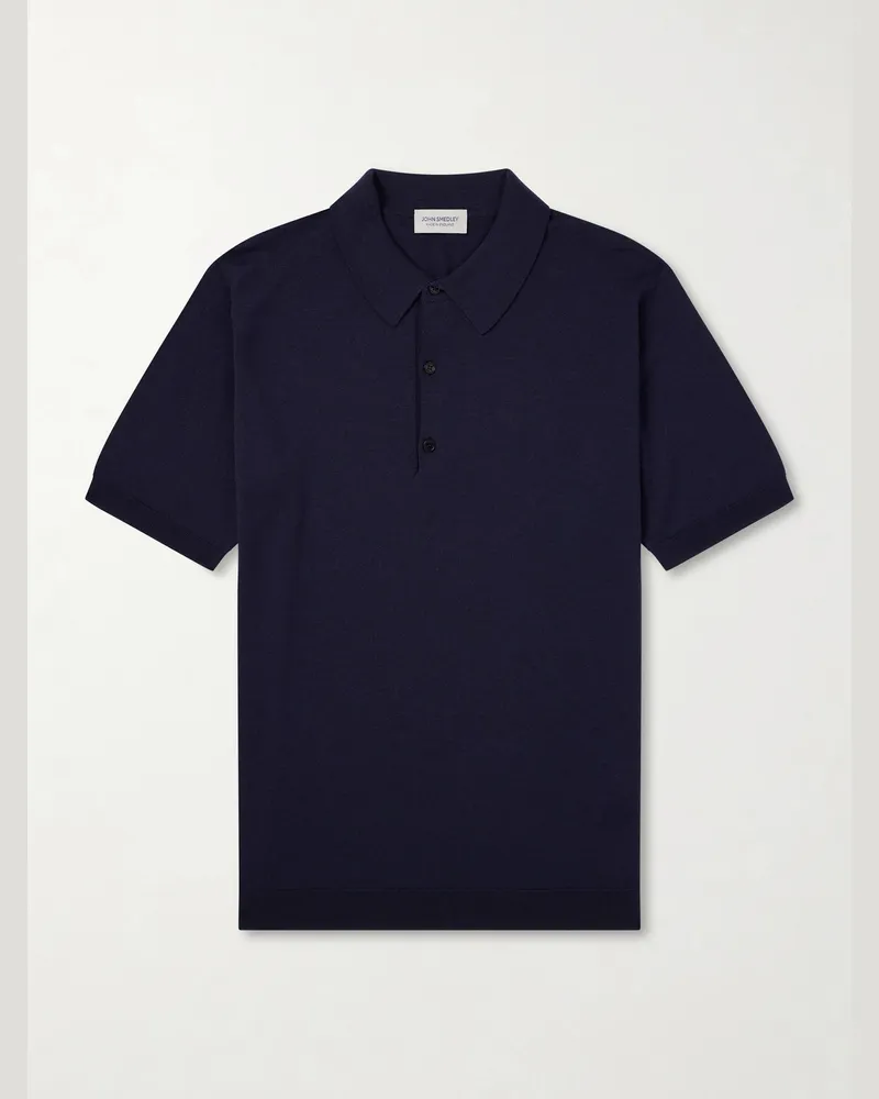 John Smedley Macloud Knitted Merino Wool Polo Shirt Blue