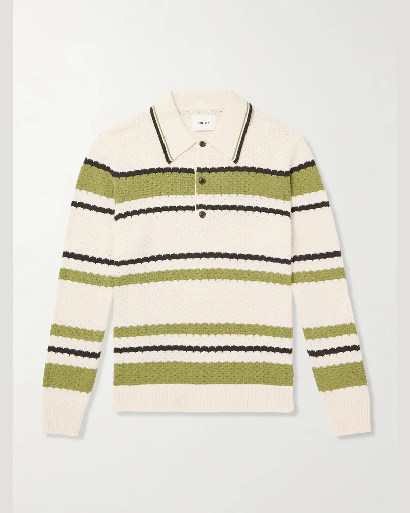 NN 07 Alfie 6636 gestreifter Pullover in Pointelle-Strick aus Biobaumwolle mit Polokragen Neutral