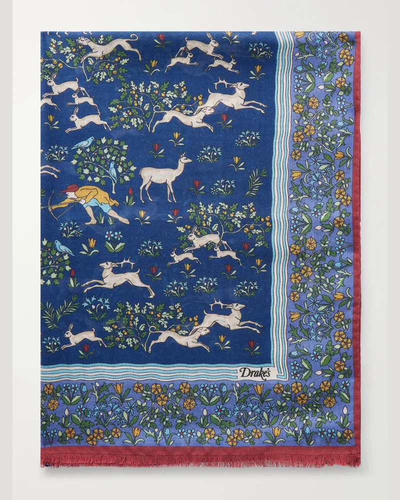 Drake's Archival Animals Frayed Printed Wool and Silk-Blend Gauze Scarf Blue