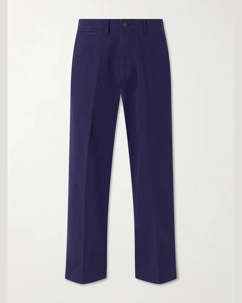 Beams Plus Straight-Leg Herringbone Cotton Trousers Blue