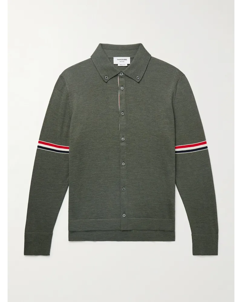 Thom Browne Schmal geschnittener Cardigan aus Schurwolle mit Ripsband und Button-Down-Kragen Grün