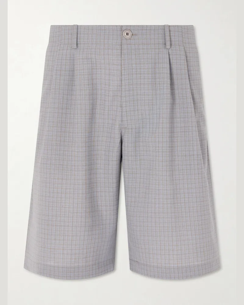 Our Legacy Ponte Straight-Leg Pleated Checked Grain de Poudre Shorts Gray