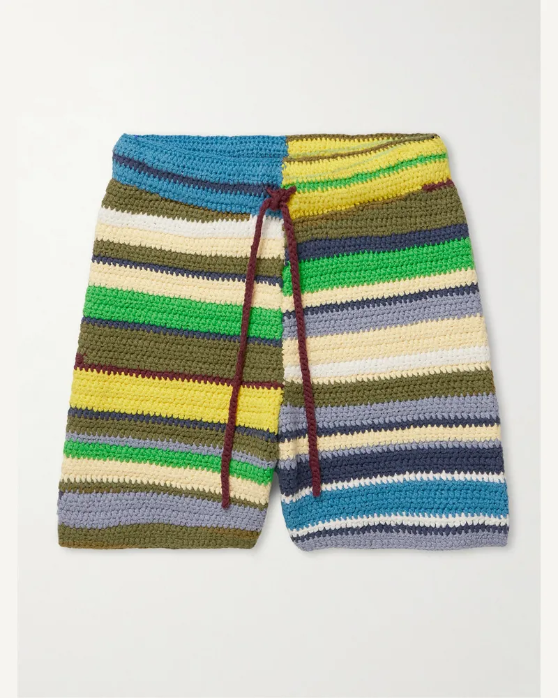 The Elder Statesman Straight-Leg Striped Crocheted Organic Cotton Drawstring Shorts Yellow