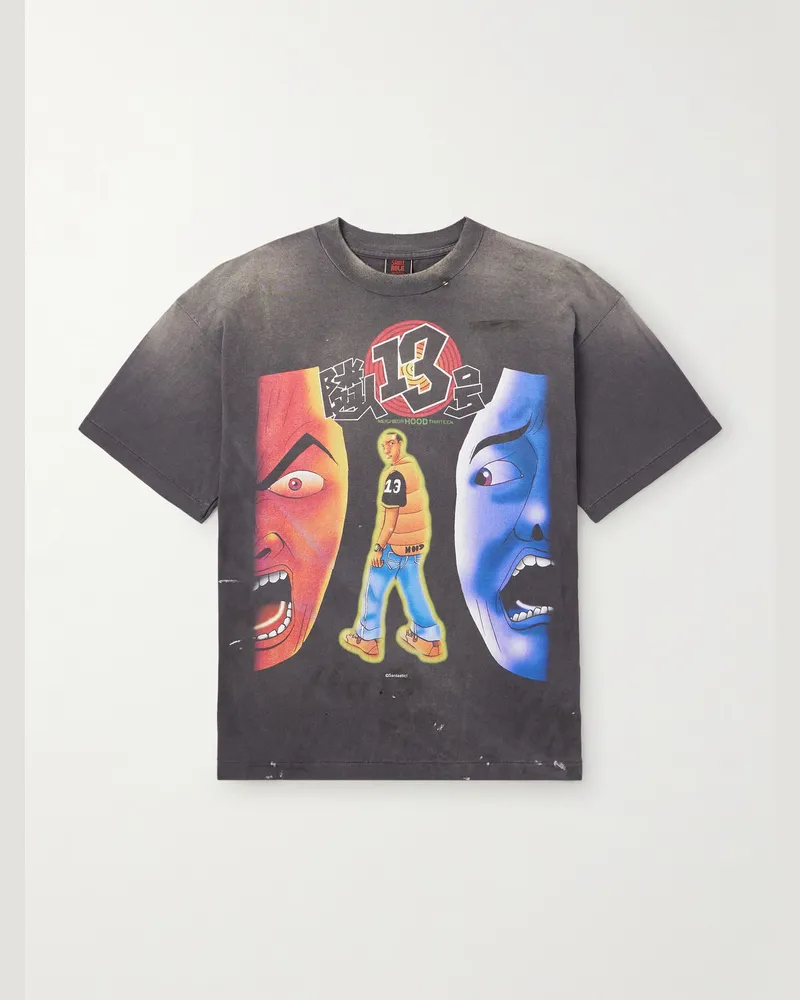 SAINT MXXXXXX SANTASTIC! + GEEKS RULE Distressed Printed Cotton-Jersey T-Shirt Black