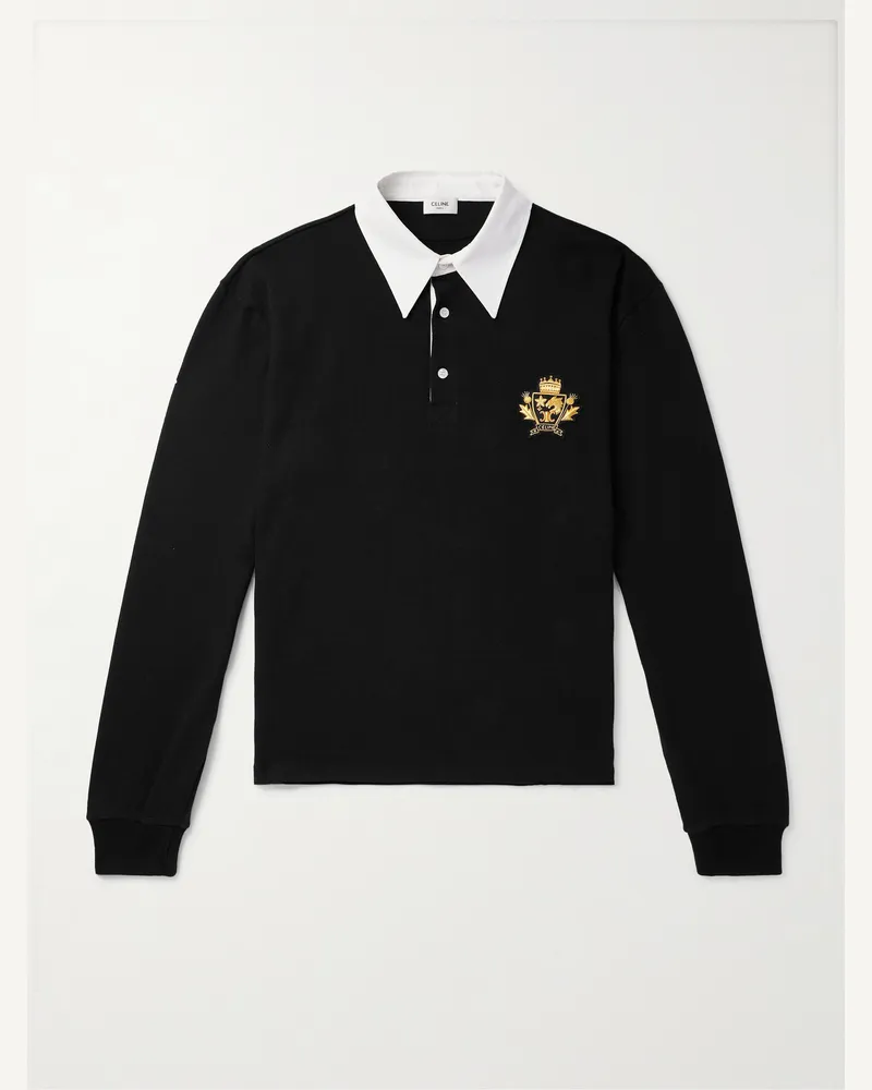 Celine Pullover aus Baumwolle mit Polokragen aus Twill und Logoapplikation Schwarz