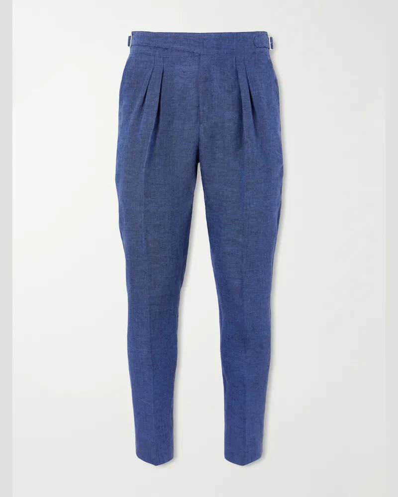 MR P. Steve Tapered Pleated Herringbone Linen Trousers Blue