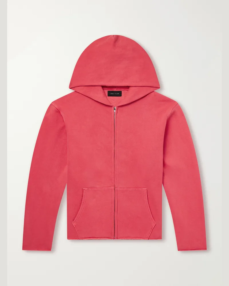 LES TIEN Garment-Dyed Distressed Cotton-Jersey Zip-Up Hoodie Red