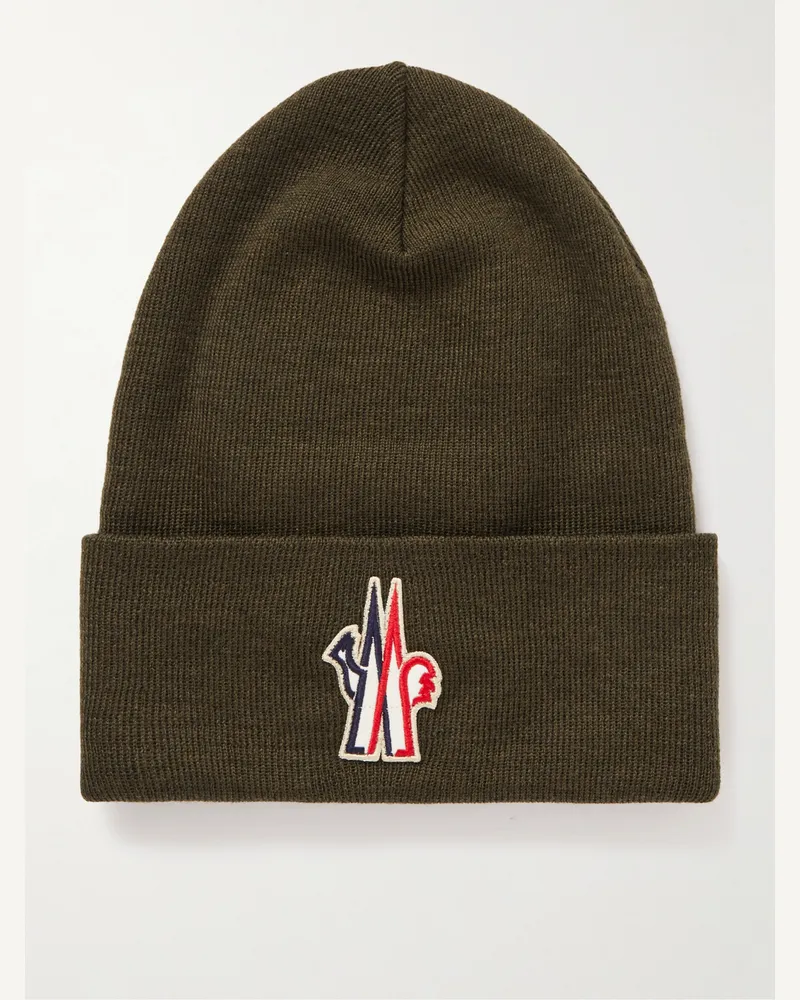 Moncler Beanie aus Wolle in Rippstrick mit Applikation Grün