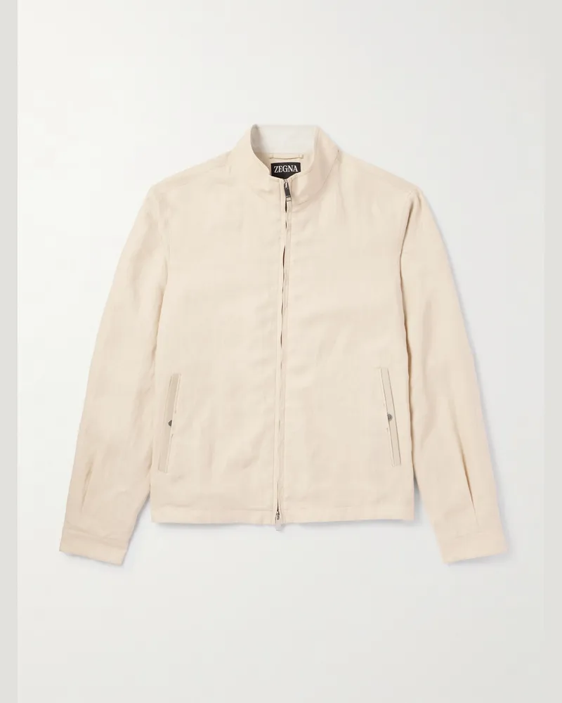 Ermenegildo Zegna Leather-Trimmed Oasi Linen Jacket Neutrals