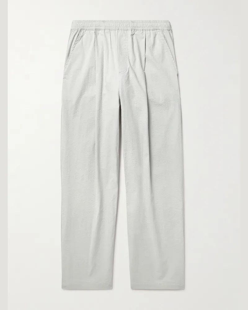 Folk Straight-Pleated Cotton-Blend Seersucker Trousers Gray
