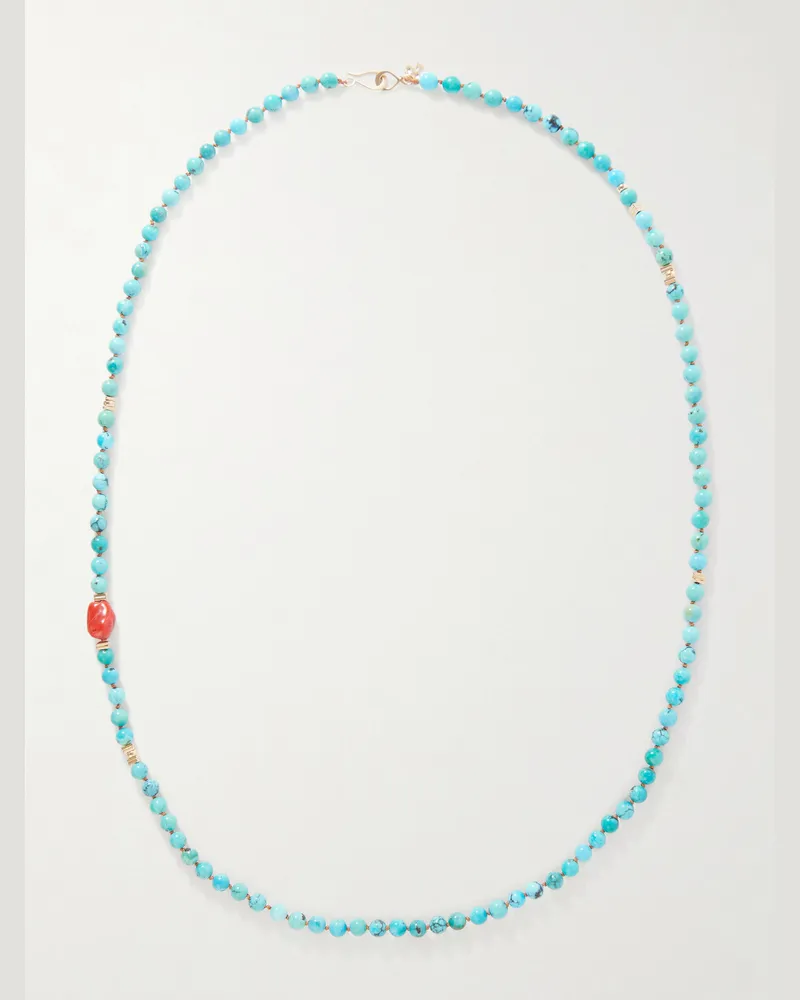 Peyote Bird Ritual 14-Karat Gold, Turquoise and Coral Beaded Necklace Blue
