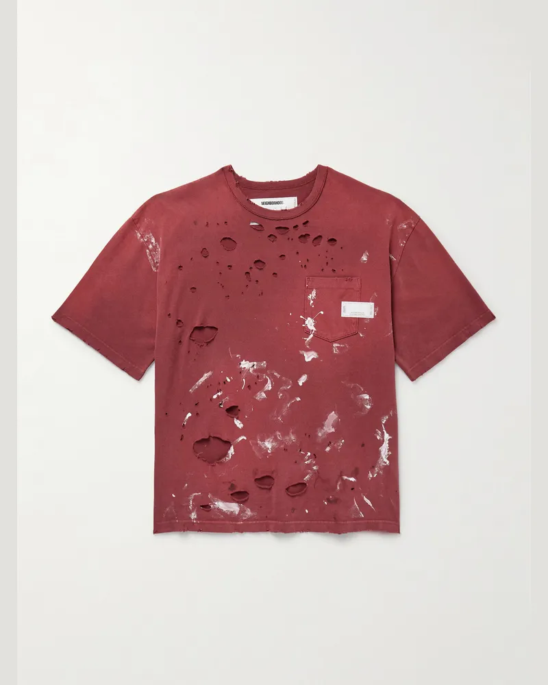 Neighborhood Savage Distressed Paint-Splattered Cotton-Jersey T-Shirt Red