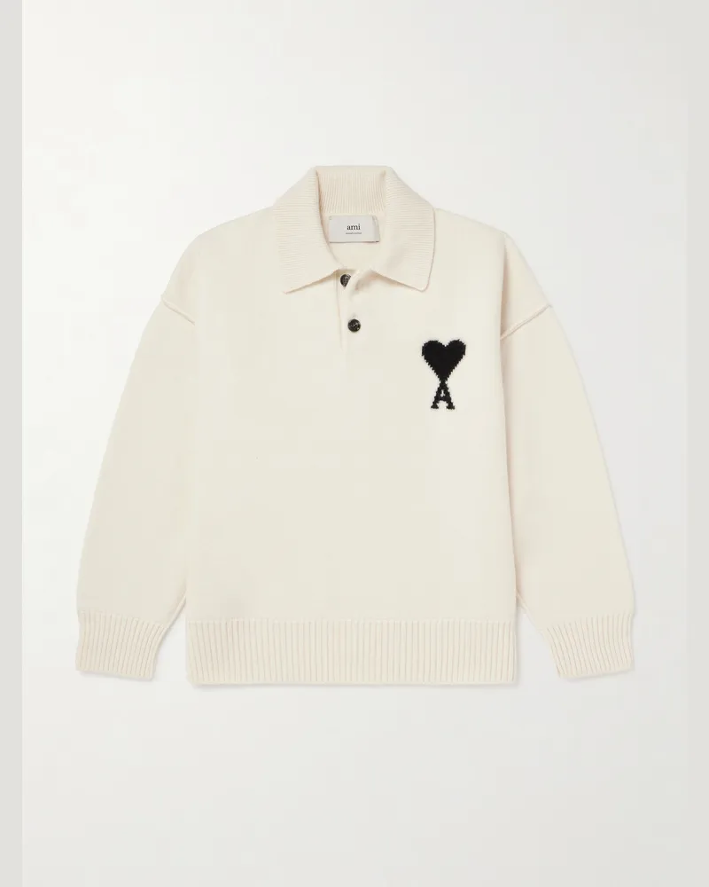 AMI Paris Pullover aus Wolle mit Intarsienmotiv und Polokragen Neutral