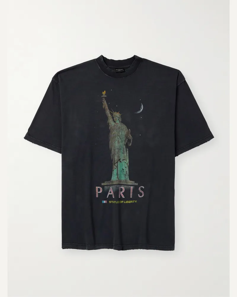 Balenciaga Oversized Distressed Printed Cotton-Jersey T-Shirt Black