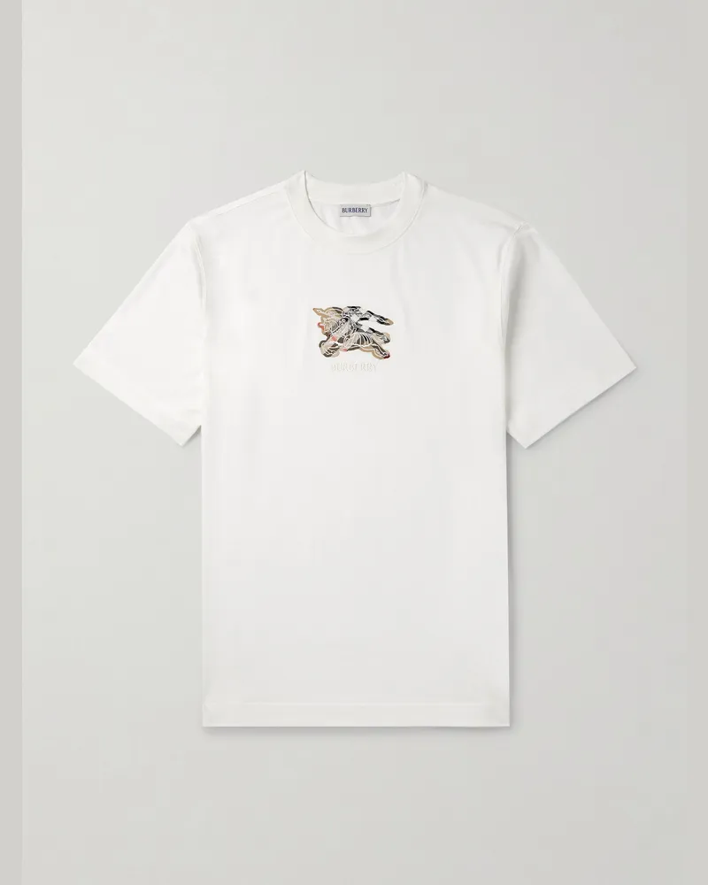 Burberry Slim-Fit Logo-Embroidered Appliquéd Cotton-Jersey T-Shirt White