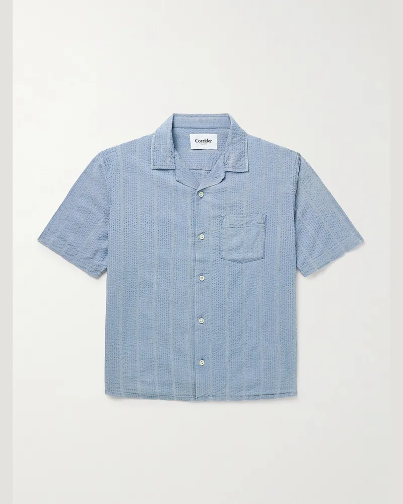 Corridor Convertible-Collar Striped Cotton-Seersucker Shirt Blue