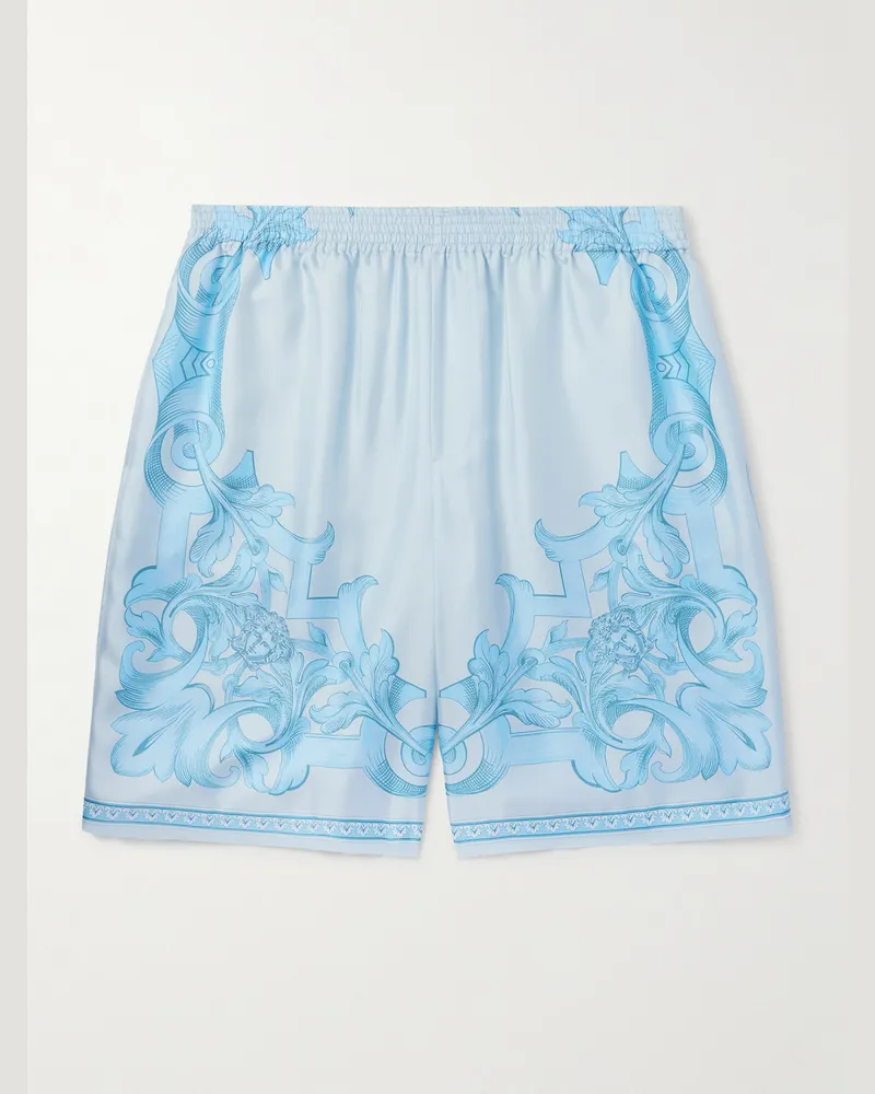 Versace Straight-Leg Printed Silk-Twill Shorts Blue