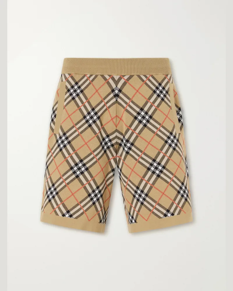 Burberry Straight-Leg Knitted Checked Cotton-Blend Shorts Neutrals