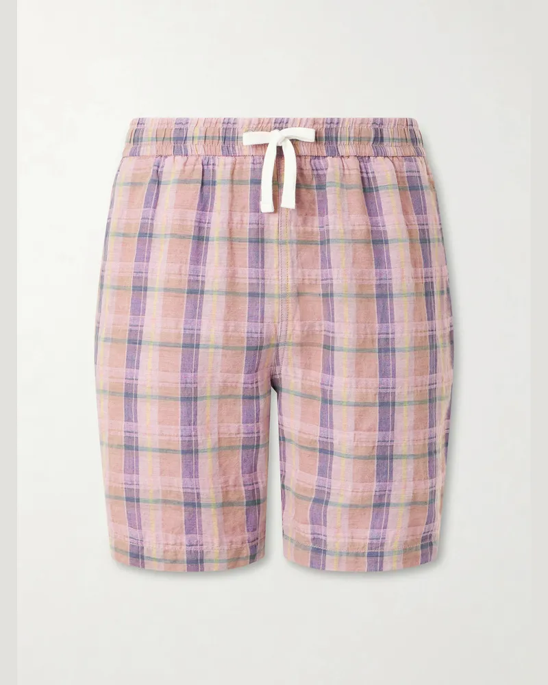 Drake's Straight-Leg Checked Linen And Cotton-Blend Drawstring Shorts Pink
