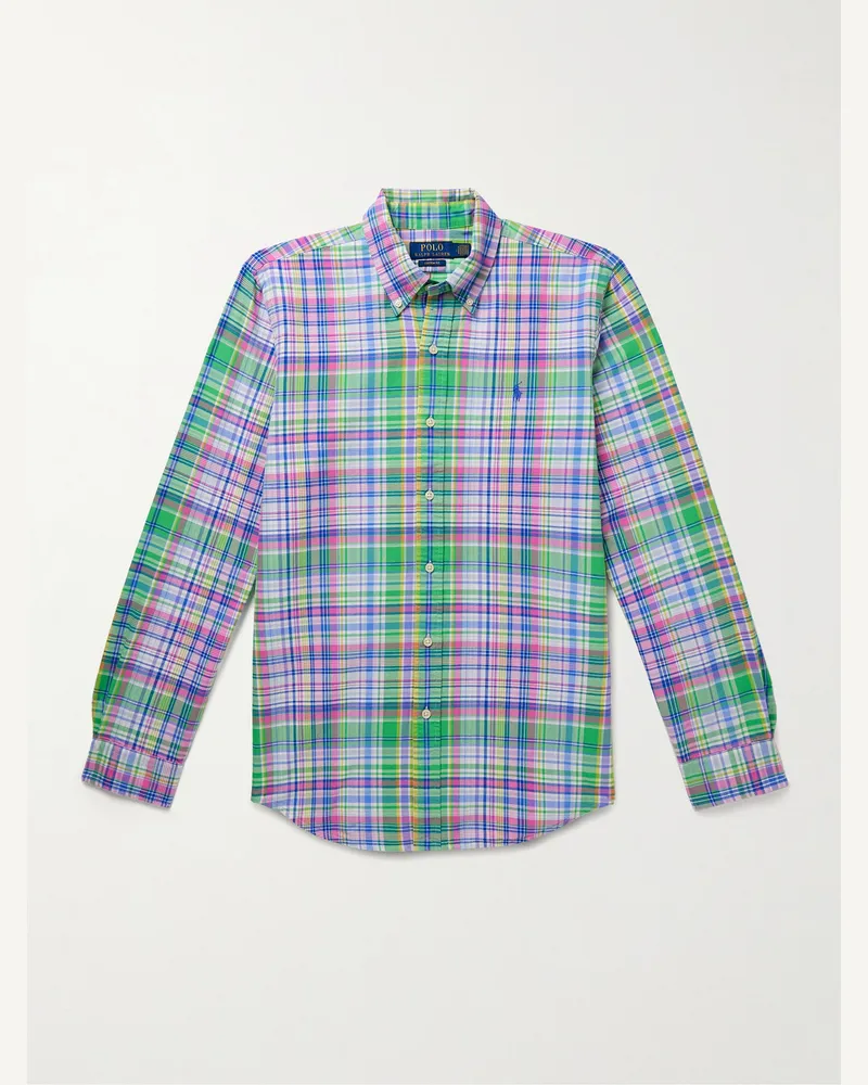 Ralph Lauren Kariertes Hemd aus Baumwoll-Oxford mit Button-Down-Kragen und Logostickerei Blau