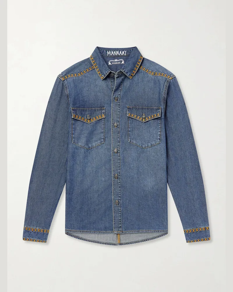 MANAAKI Tukutuku Embroidered Denim Shirt Blue