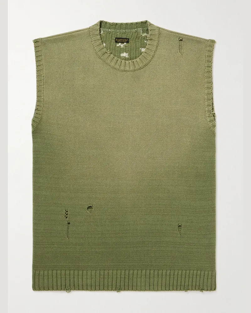 KAPITAL 5G ärmelloser Pullover aus Jacquard-Strick aus einer Baumwollmischung in Distressed-Optik Grün