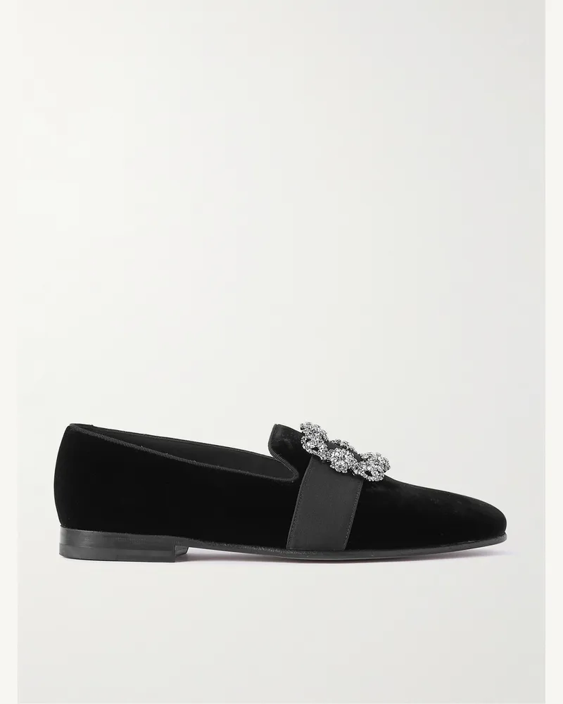 Manolo Blahnik Carlton Crystal-Embellished Grosgrain-Trimmed Velvet Loafers Black