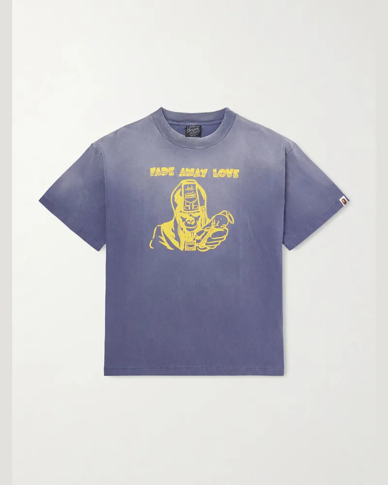 SAINT MXXXXXX BAPE® Distressed Printed Cotton-Jersey T-Shirt Blue