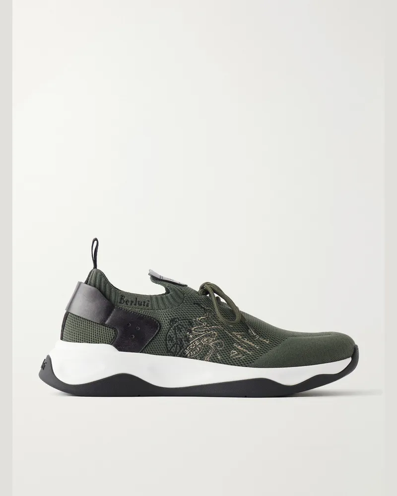 Berluti Shadow Logo-Embroidered Leather-Trimmed Stretch-Knit Sneakers Green