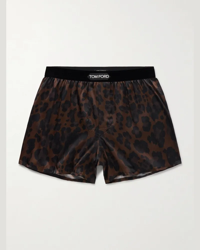Tom Ford Boxershorts aus Seidensatin mit Leopardenprint und Samtbesatz Braun