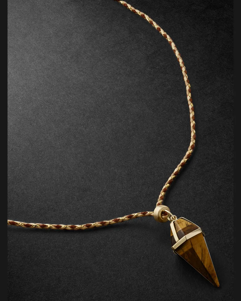 Jacquie Aiche Gold, Tiger's Eye and Cord Pendant Necklace Brown