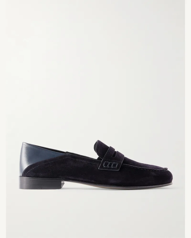 Manolo Blahnik Plymouth Pennyloafers aus Veloursleder und Leder mit einklappbarer Fersenpartie Blau