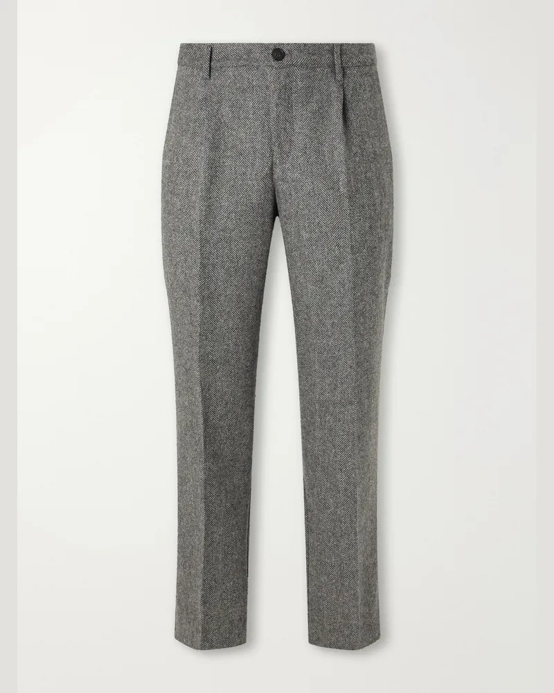 Portuguese Flannel Straight-Leg Pleated Wool Herringbone Trousers Gray