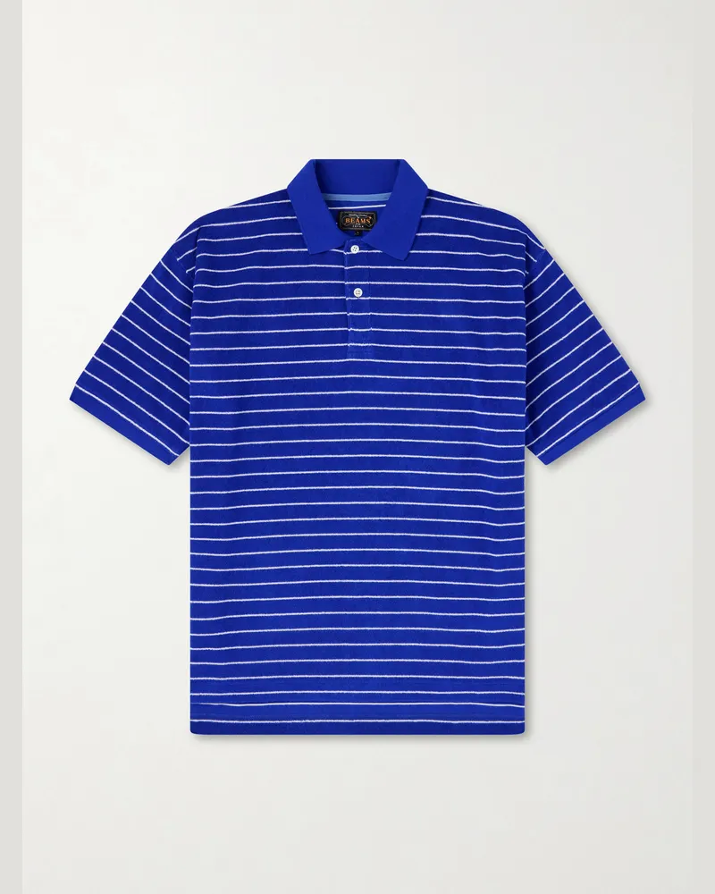 Beams Plus Striped Cotton-Blend Terry Polo Shirt Blue