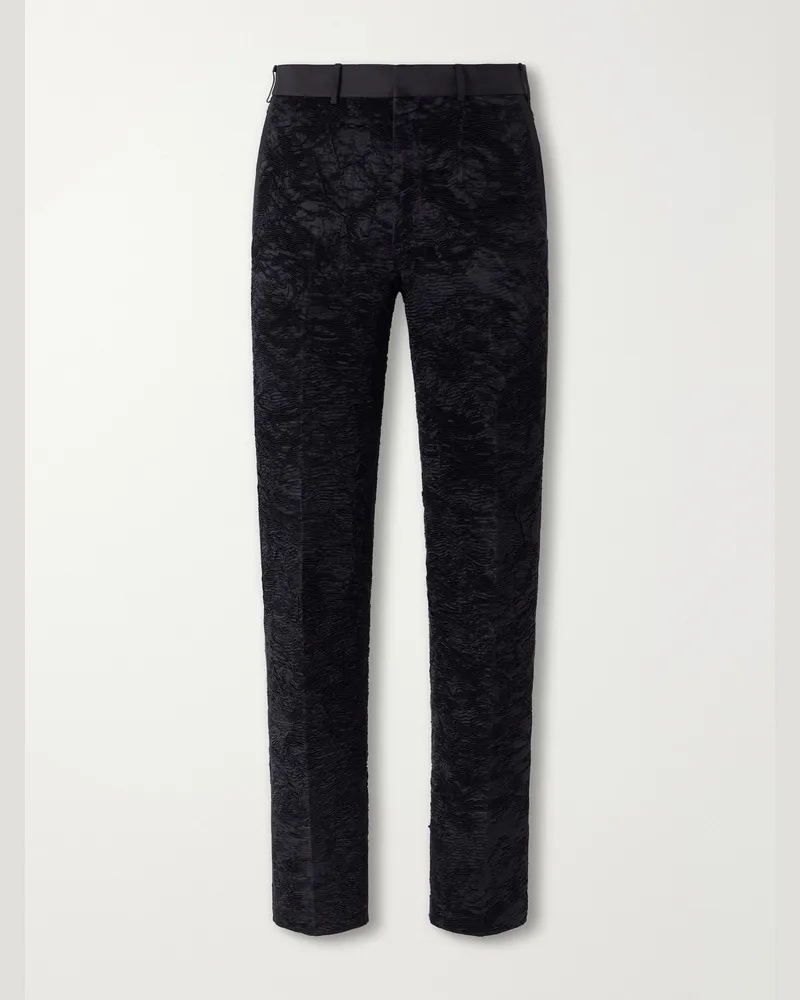 Tom Ford Crepe-Trimmed Silk Astracan Plissé Straight-Leg Suit Trousers Black